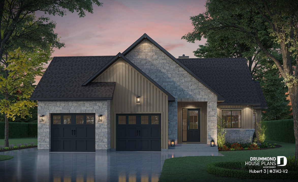front - BASE MODEL - Single-story home with double garage, spacious main-floor primary suite, STÛV wood-burning fireplace, and den - Hubert 3