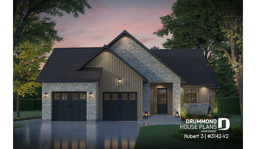 front - BASE MODEL - Single-story home with double garage, spacious main-floor primary suite, STÛV wood-burning fireplace, and den - Hubert 3
