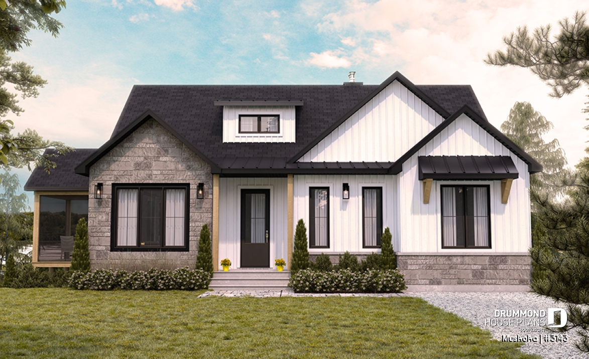 front - BASE MODEL - One-story farmhouse, 1 to 4 bedrooms, den, kitchen with pantry, cathedral ceiling, optional finished basement  - Muskoka
