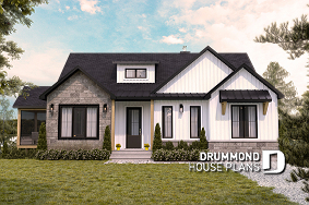 front - BASE MODEL - One-story farmhouse, 1 to 4 bedrooms, den, kitchen with pantry, cathedral ceiling - Muskoka