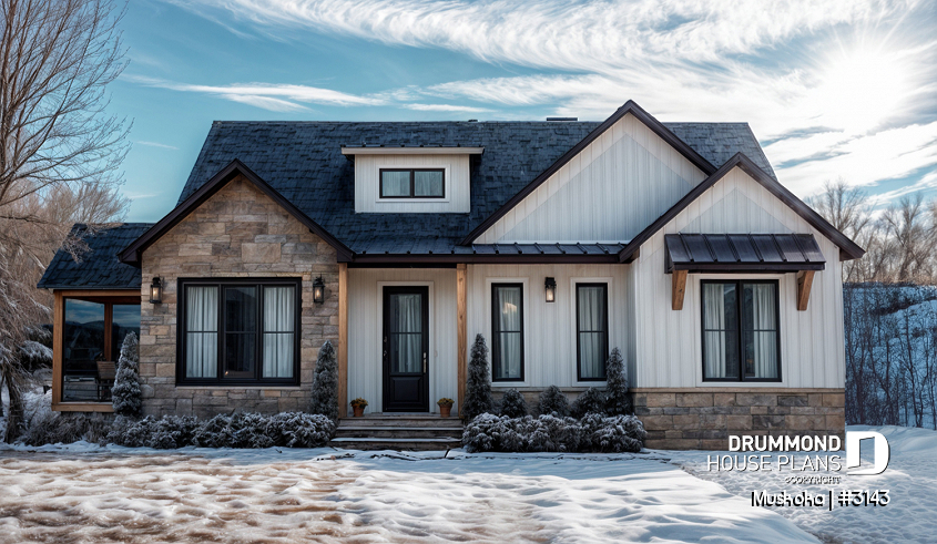 front - BASE MODEL - One-story farmhouse, 1 to 4 bedrooms, den, kitchen with pantry, cathedral ceiling - Muskoka