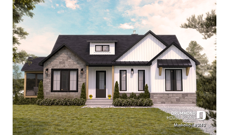 front - BASE MODEL - One-story farmhouse, 1 to 4 bedrooms, den, kitchen with pantry, cathedral ceiling, optional finished basement  - Muskoka
