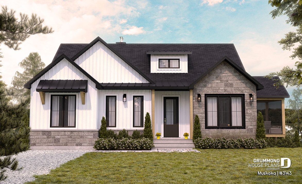 front - BASE MODEL - One-story farmhouse, 1 to 4 bedrooms, den, kitchen with pantry, cathedral ceiling, optional finished basement  - Muskoka