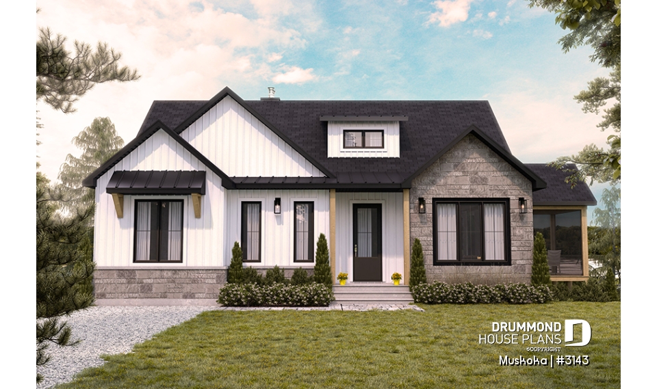 front - BASE MODEL - One-story farmhouse, 1 to 4 bedrooms, den, kitchen with pantry, cathedral ceiling, optional finished basement  - Muskoka