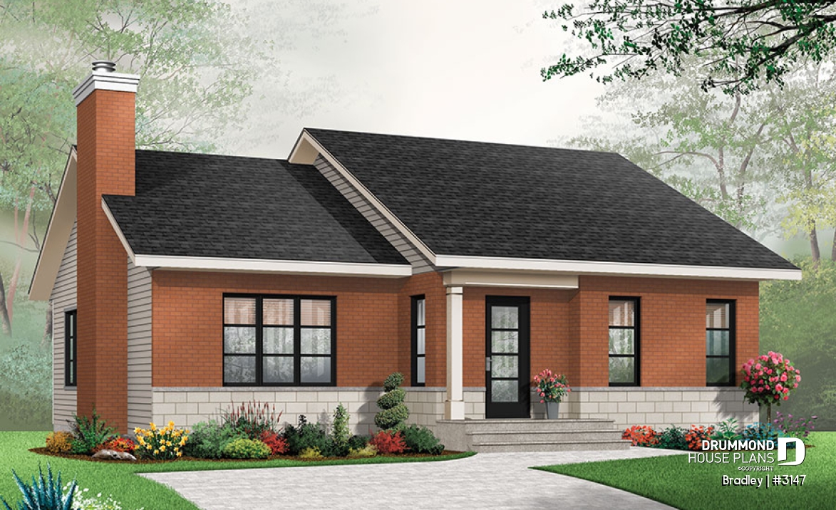 front - BASE MODEL - Small affordable modern ranch style house plan with open floor plan concept, kitchen island and fireplace - Bradley