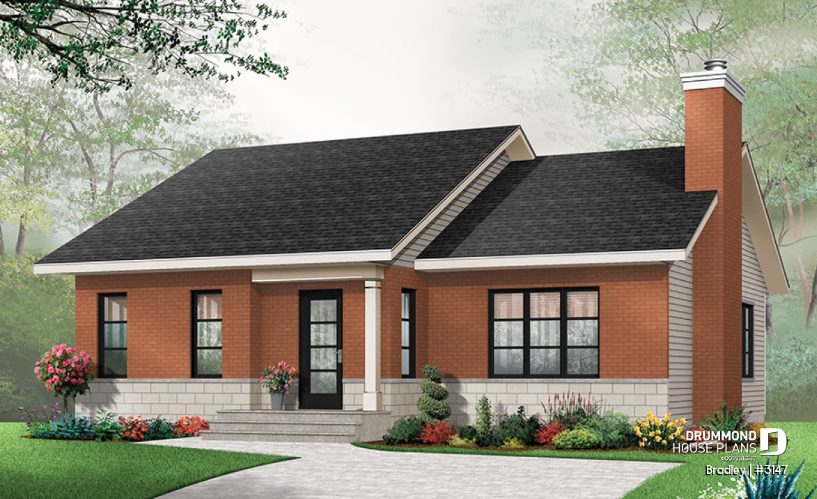 front - BASE MODEL - Small affordable modern ranch style house plan with open floor plan concept, kitchen island and fireplace - Bradley