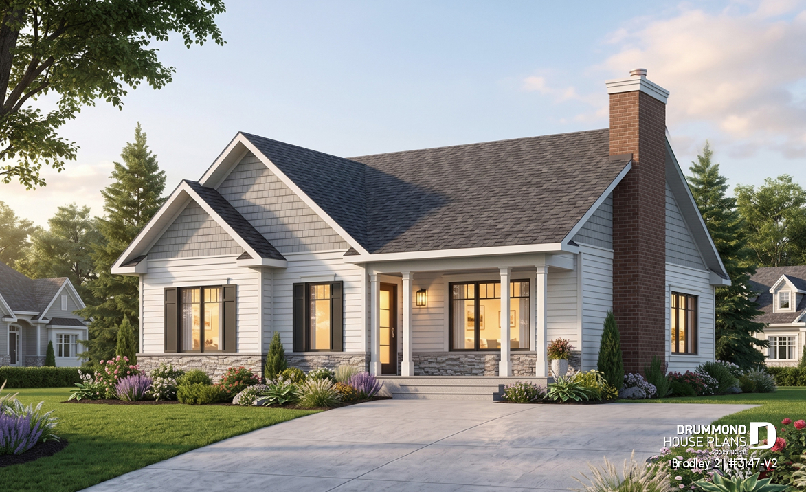 front - BASE MODEL - Transitional Bungalow house plan with open floor plan, large fireplace, kitchen island, large bathroom - Bradley 2