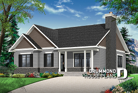 front - BASE MODEL - Transitional Bungalow house plan with open floor plan, large fireplace, kitchen island, large bathroom - Bradley 2