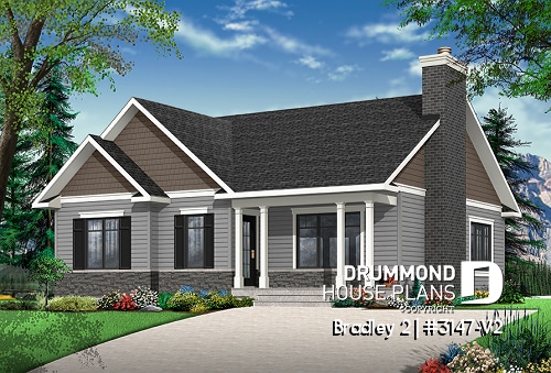 front - BASE MODEL - Transitional Bungalow house plan with open floor plan, large fireplace, kitchen island, large bathroom - Bradley 2