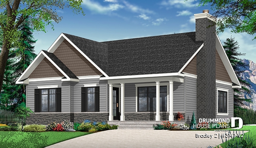 front - BASE MODEL - Transitional Bungalow house plan with open floor plan, large fireplace, kitchen island, large bathroom - Bradley 2