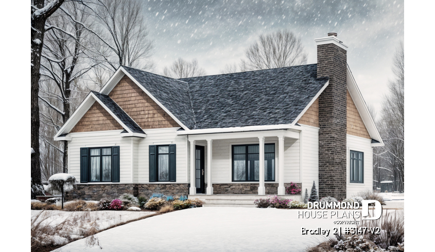 front - BASE MODEL - Transitional Bungalow house plan with open floor plan, large fireplace, kitchen island, large bathroom - Bradley 2