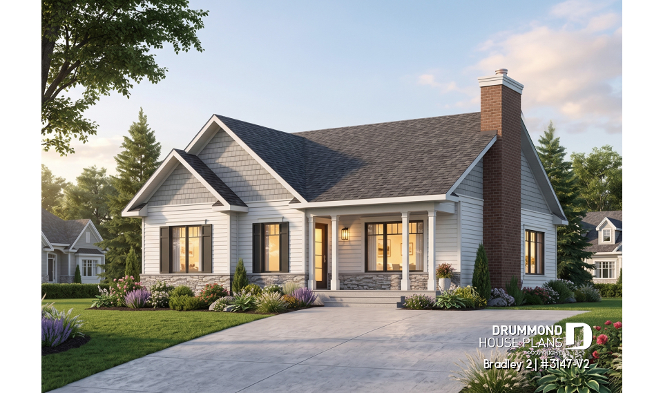 front - BASE MODEL - Transitional Bungalow house plan with open floor plan, large fireplace, kitchen island, large bathroom - Bradley 2