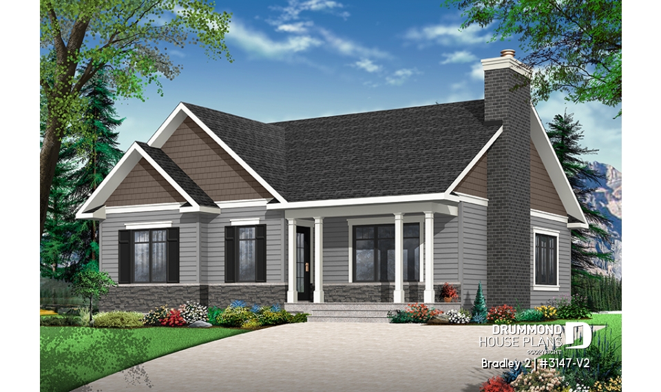 front - BASE MODEL - Transitional Bungalow house plan with open floor plan, large fireplace, kitchen island, large bathroom - Bradley 2