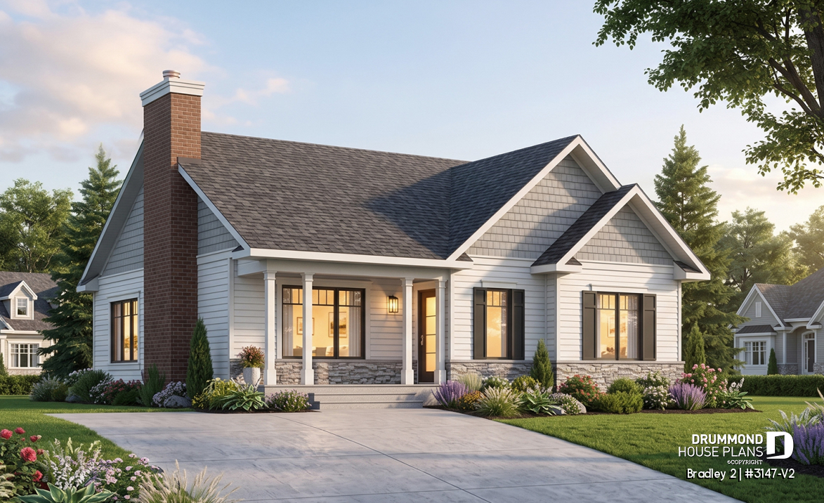 front - BASE MODEL - Transitional Bungalow house plan with open floor plan, large fireplace, kitchen island, large bathroom - Bradley 2