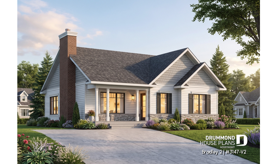 front - BASE MODEL - Transitional Bungalow house plan with open floor plan, large fireplace, kitchen island, large bathroom - Bradley 2