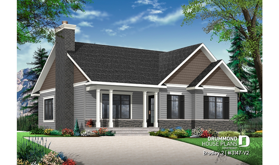 front - BASE MODEL - Transitional Bungalow house plan with open floor plan, large fireplace, kitchen island, large bathroom - Bradley 2