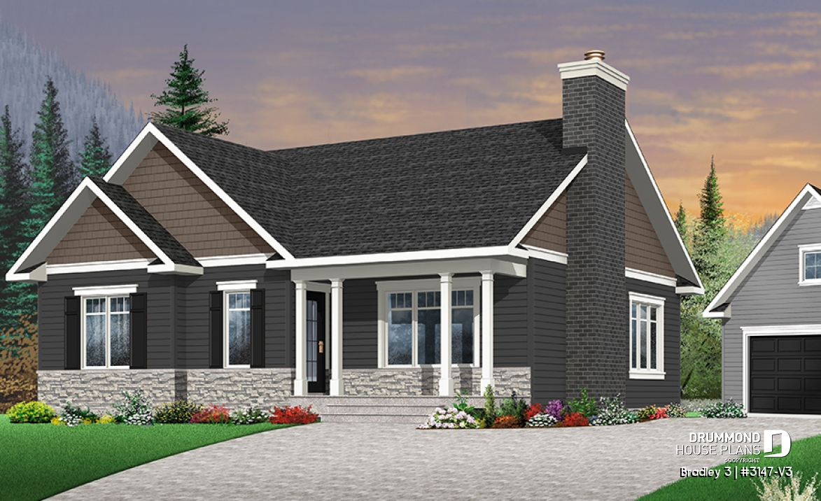Color version 8 - Front - Great Traditional bungalow home plan with 3 bedrooms &amp; open floor plan and optionnal two-car detached garage  - Bradley 3