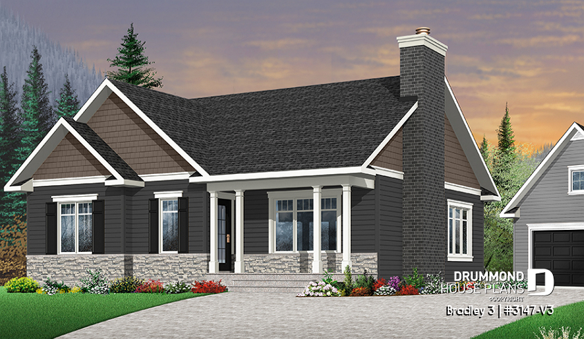 Color version 8 - Front - Great Traditional bungalow home plan with 3 bedrooms & open floor plan and optionnal two-car detached garage  - Bradley 3