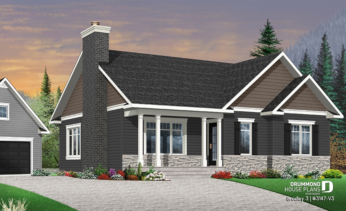 Color version 8 - Front - Great Traditional bungalow home plan with 3 bedrooms &amp; open floor plan and optionnal two-car detached garage  - Bradley 3
