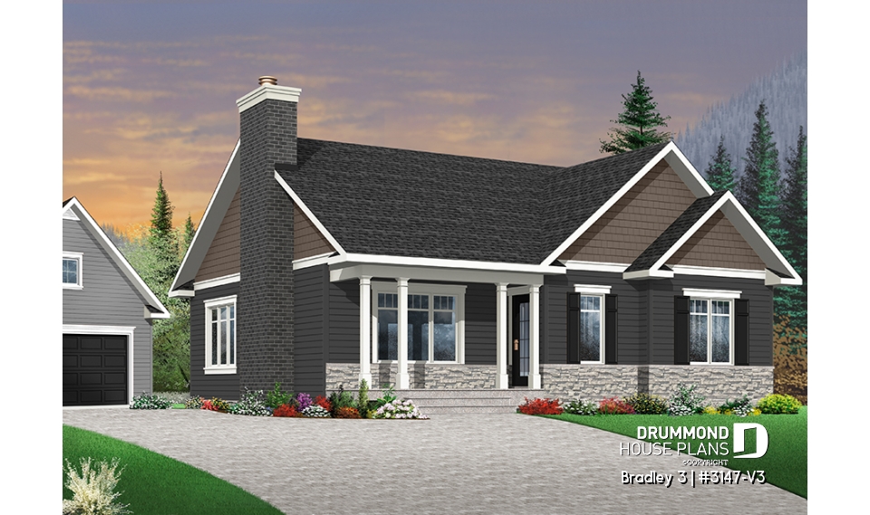 Color version 8 - Front - Great Traditional bungalow home plan with 3 bedrooms &amp; open floor plan and optionnal two-car detached garage  - Bradley 3