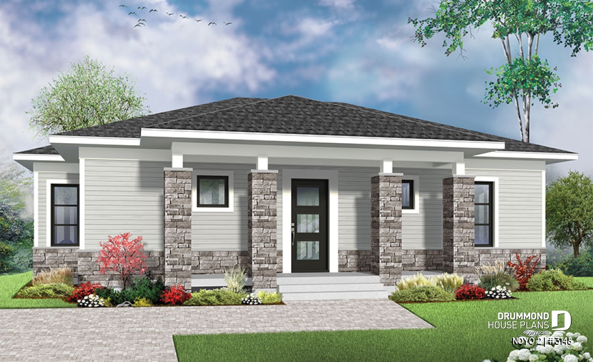 front - BASE MODEL - Economical Modern home plan with an open kitchen, dining, family floor plan - NOYO 2
