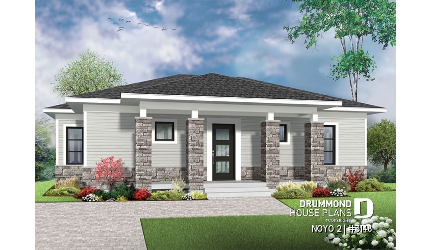 front - BASE MODEL - Economical Modern home plan with an open kitchen, dining, family floor plan - NOYO 2