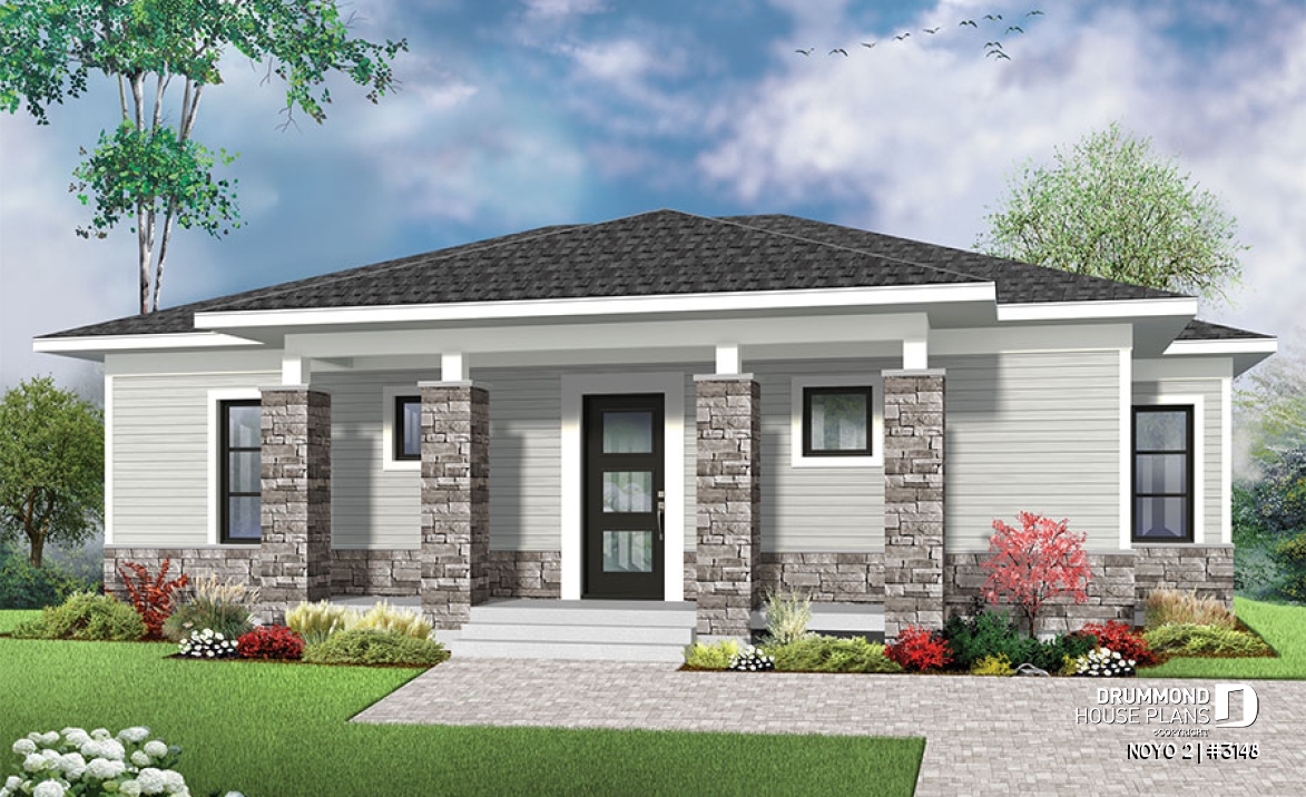 front - BASE MODEL - Economical Modern home plan with an open kitchen, dining, family floor plan - NOYO 2