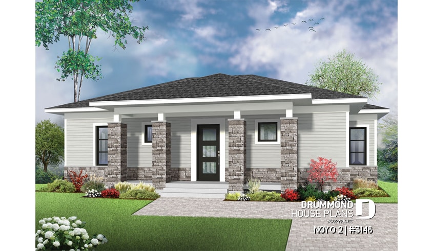 front - BASE MODEL - Economical Modern home plan with an open kitchen, dining, family floor plan - NOYO 2