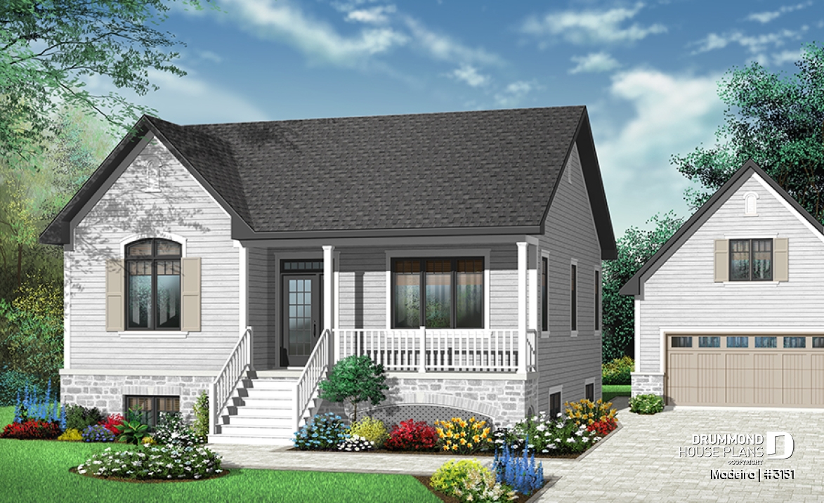 Color version 1 - Front - 2 to 5 bedrooms possible, beautiful modern ranch style house plan, laundry room, great front covered porch - Madeira