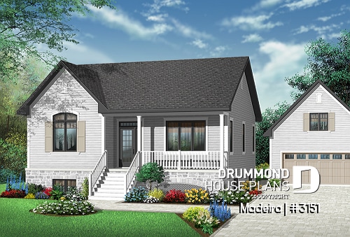 Color version 1 - Front - 2 to 5 bedrooms possible, beautiful modern ranch style house plan, laundry room, great front covered porch - Madeira
