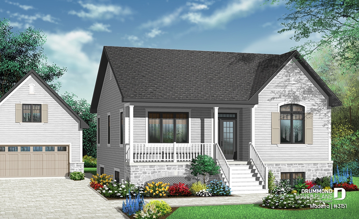 Color version 1 - Front - 2 to 5 bedrooms possible, beautiful modern ranch style house plan, laundry room, great front covered porch - Madeira