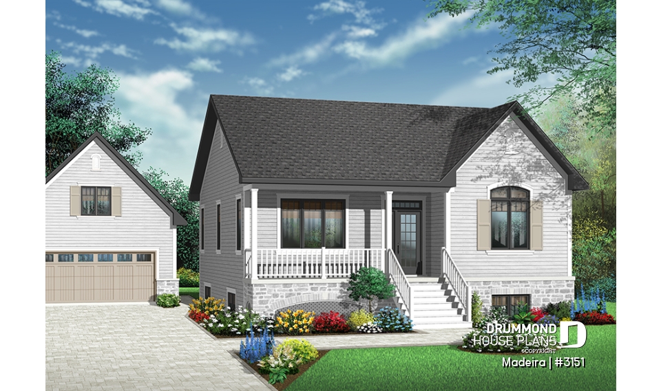 Color version 1 - Front - 2 to 5 bedrooms possible, beautiful modern ranch style house plan, laundry room, great front covered porch - Madeira