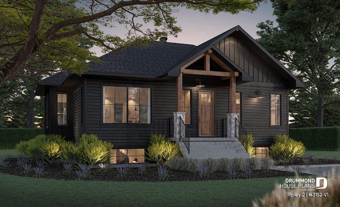 front - BASE MODEL - Single-storey home with optional finished basement ($) for up to 4 beds, 2 baths and 2 living rooms - Ripley 2