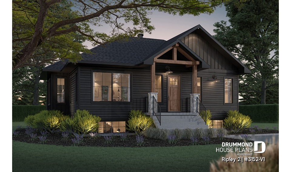 front - BASE MODEL - Single-storey home with optional finished basement ($) for up to 4 beds, 2 baths and 2 living rooms - Ripley 2