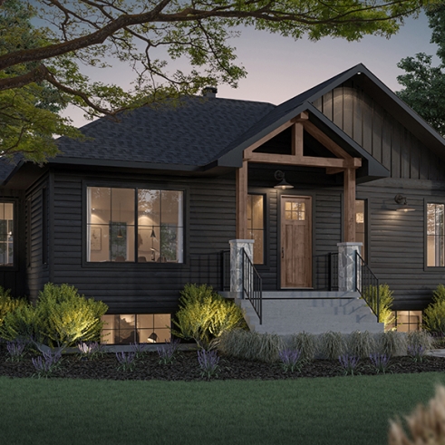 front - BASE MODEL - Single-storey home with optional finished basement ($) for up to 4 beds, 2 baths and 2 living rooms - Ripley 2
