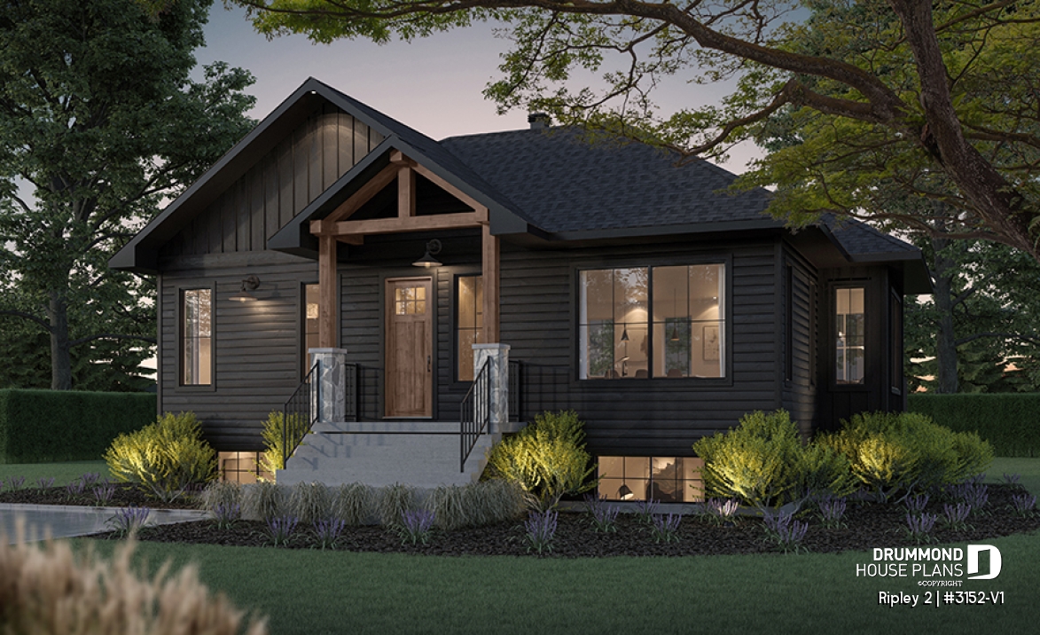 front - BASE MODEL - Single-storey home with optional finished basement ($) for up to 4 beds, 2 baths and 2 living rooms - Ripley 2