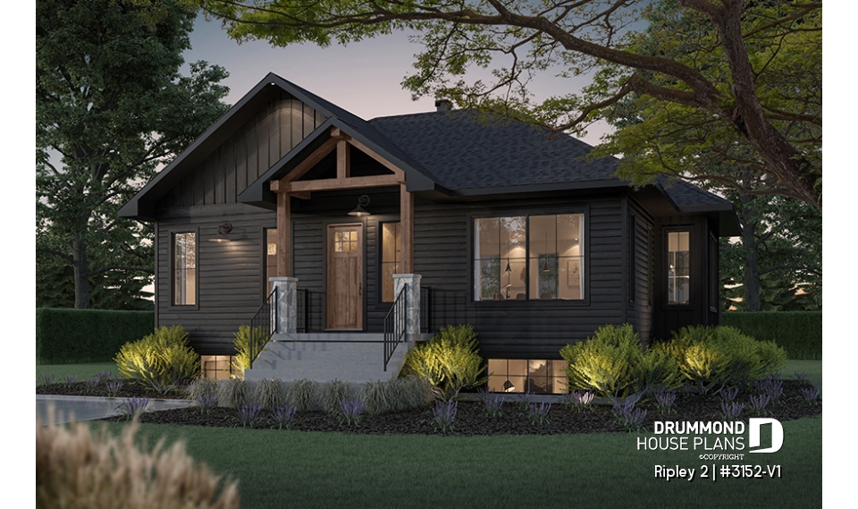 front - BASE MODEL - Single-storey home with optional finished basement ($) for up to 4 beds, 2 baths and 2 living rooms - Ripley 2