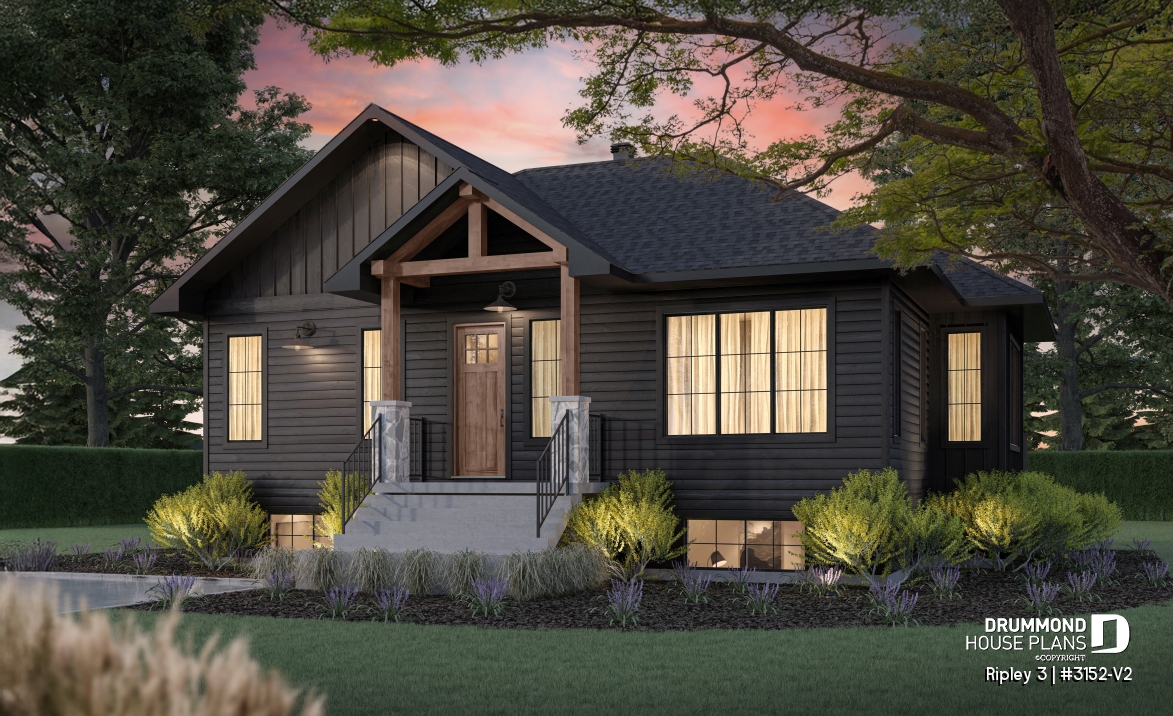 front - BASE MODEL - "Farmhouse bungalow house plan, master bedroom on the main floor, optional finished basement plan ($)" - Ripley 3