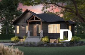 front - BASE MODEL - "Farmhouse bungalow house plan, master bedroom on the main floor, optional finished basement plan ($)" - Ripley 3