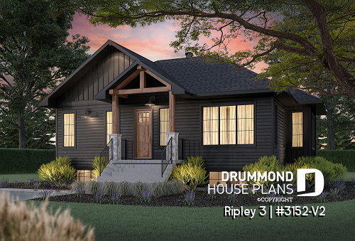 front - BASE MODEL - "Farmhouse bungalow house plan, master bedroom on the main floor, optional finished basement plan ($)" - Ripley 3