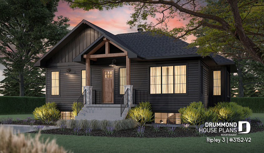 front - BASE MODEL - "Farmhouse bungalow house plan, master bedroom on the main floor, optional finished basement plan ($)" - Ripley 3