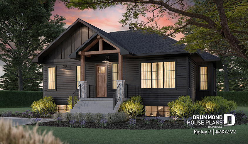 front - BASE MODEL - "Farmhouse bungalow house plan, master bedroom on the main floor, optional finished basement plan ($)" - Ripley 3