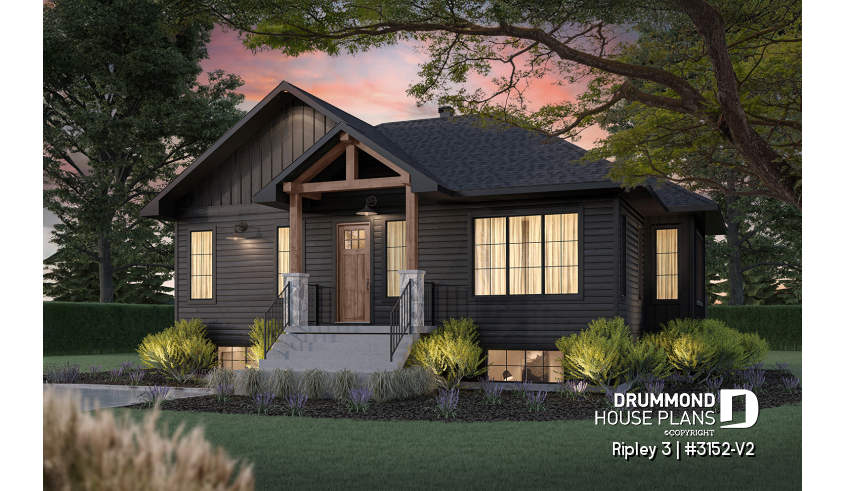front - BASE MODEL - "Farmhouse bungalow house plan, master bedroom on the main floor, optional finished basement plan ($)" - Ripley 3