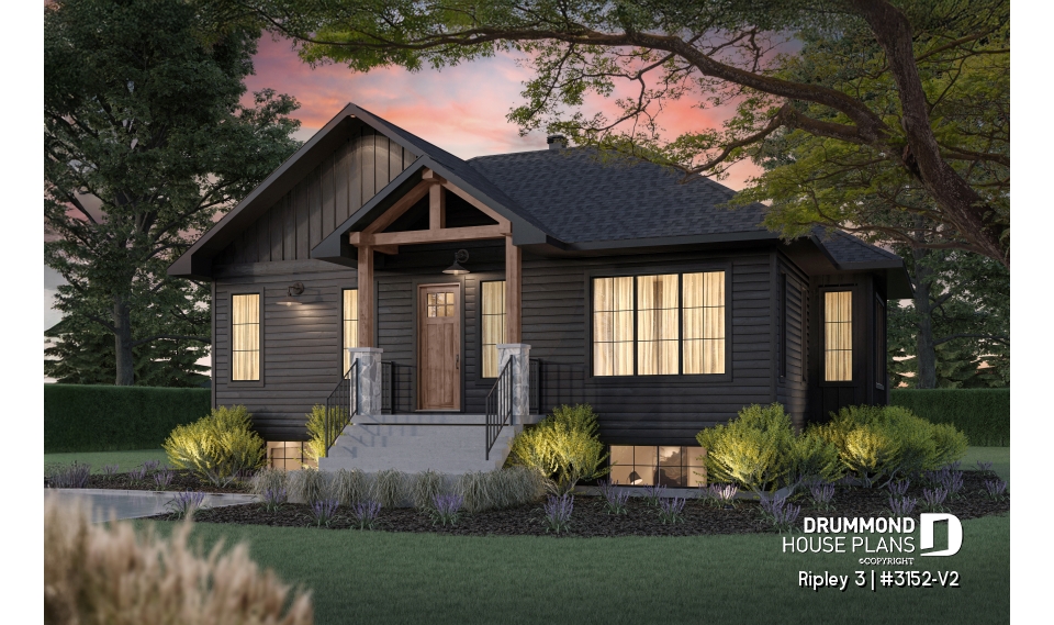 front - BASE MODEL - "Farmhouse bungalow house plan, master bedroom on the main floor, optional finished basement plan ($)" - Ripley 3