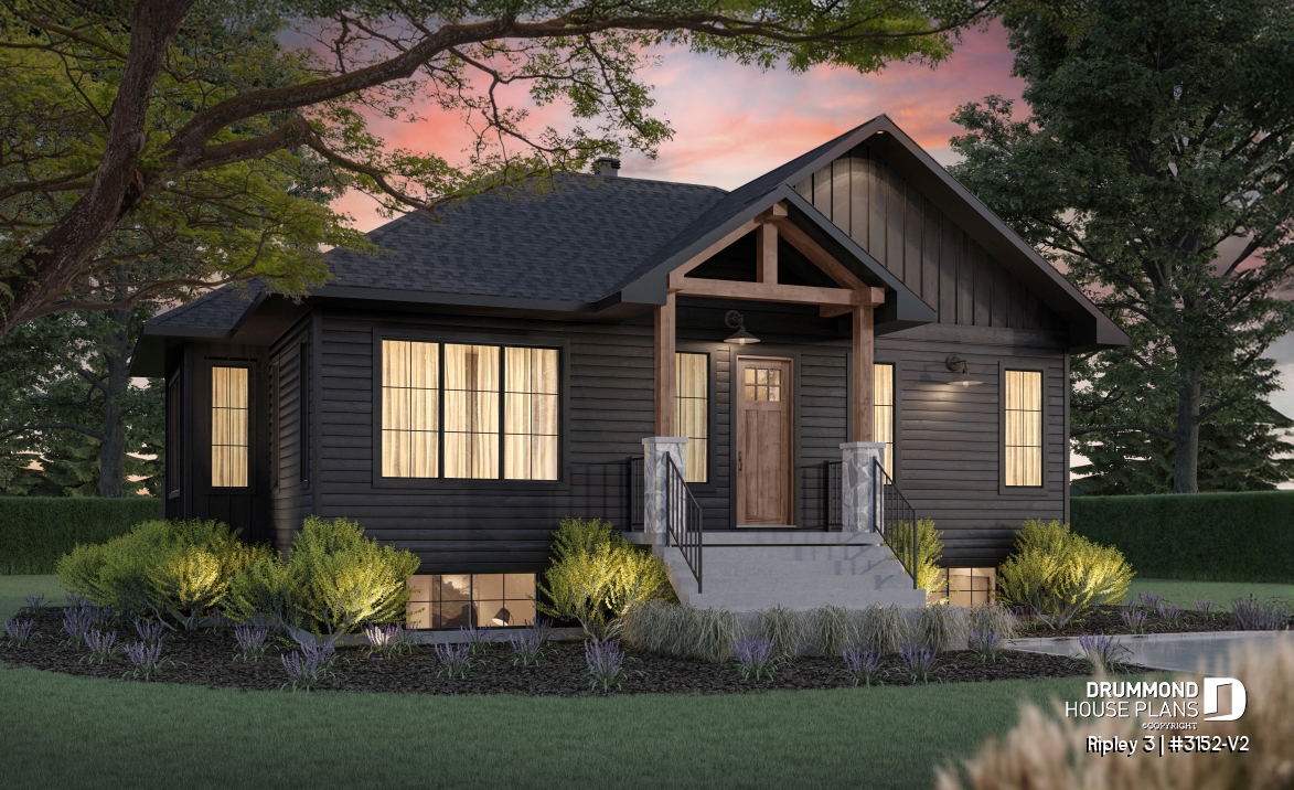 front - BASE MODEL - "Farmhouse bungalow house plan, master bedroom on the main floor, optional finished basement plan ($)" - Ripley 3