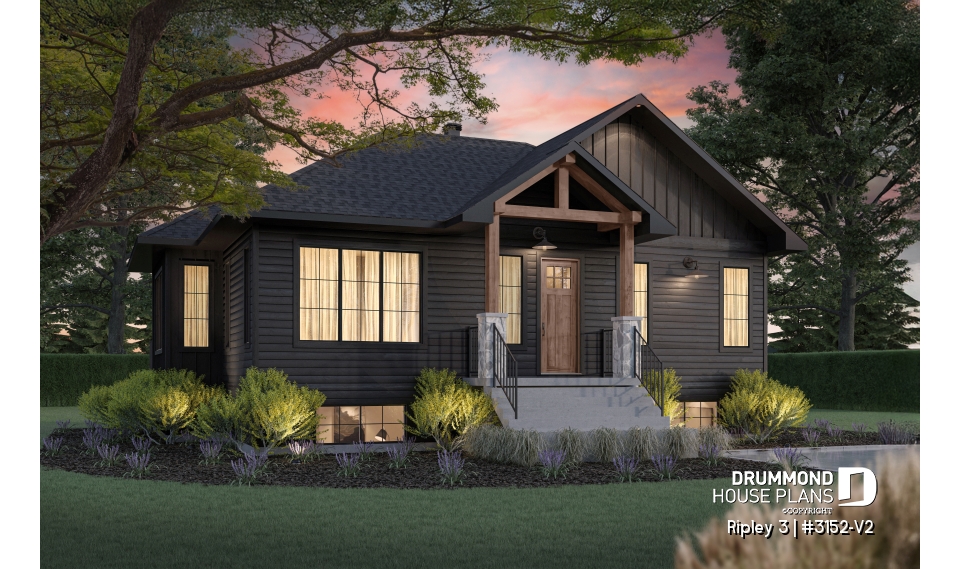front - BASE MODEL - "Farmhouse bungalow house plan, master bedroom on the main floor, optional finished basement plan ($)" - Ripley 3