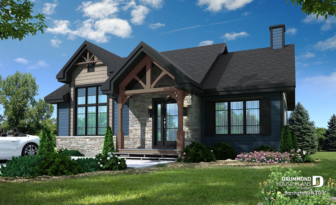 front - BASE MODEL - Modern ranch house plan, 2 to 4 bedrooms, optional finished basement ($), open floor plan, fireplace - Barrington