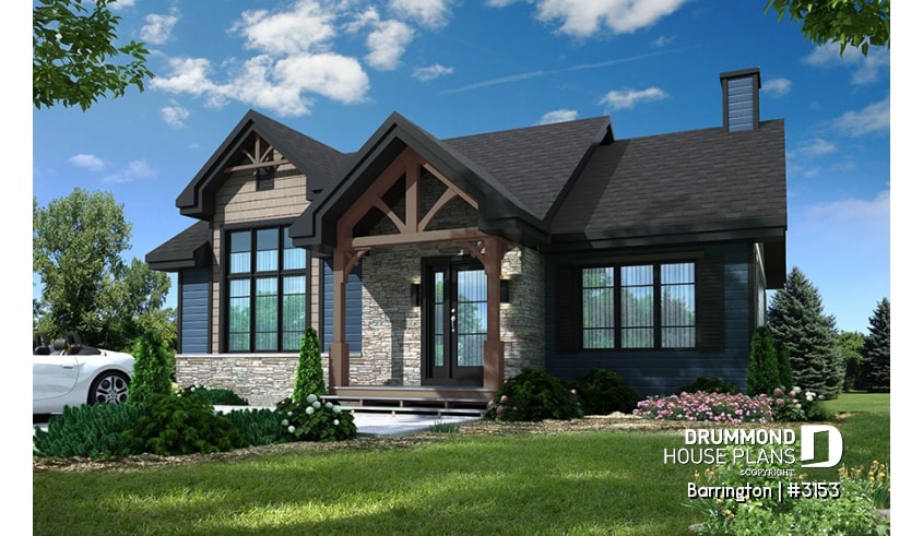 front - BASE MODEL - Modern ranch house plan, 2 bedrooms, low-cost construction, open floor plan, fireplace, charming style  - Barrington