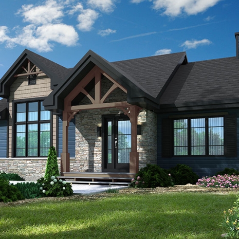 front - BASE MODEL - Modern ranch house plan, 2 to 4 bedrooms, optional finished basement ($), open floor plan, fireplace - Barrington