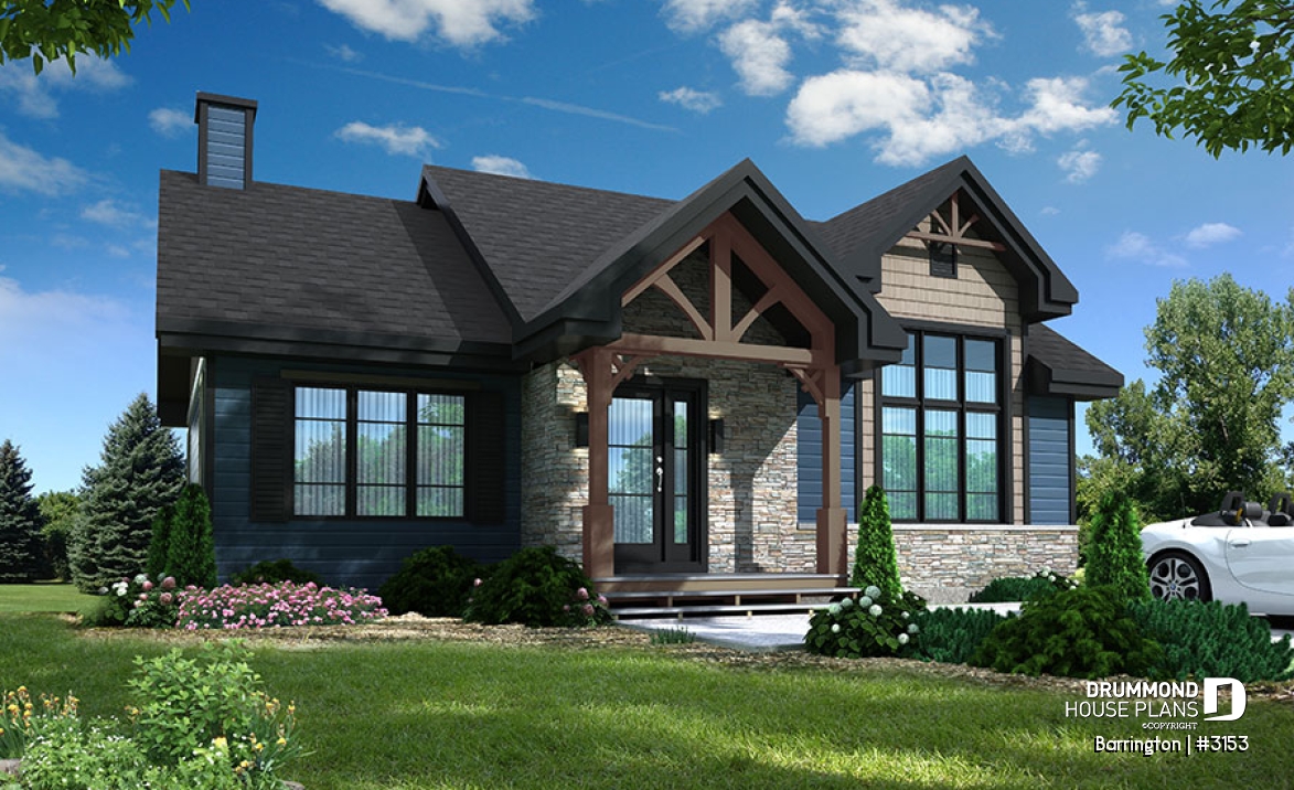 front - BASE MODEL - Modern ranch house plan, 2 to 4 bedrooms, optional finished basement ($), open floor plan, fireplace - Barrington